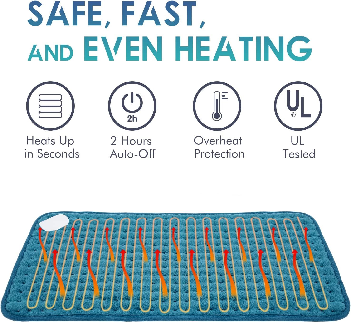 Heating Pad for Back Pain Relief, 12" x 24" Electric Heating Pads for Cramps, Back, Shoulder and Neck with 6 Heat Settings, Fast-Heating Technology, Auto Shut Off, UL Certification, Blue