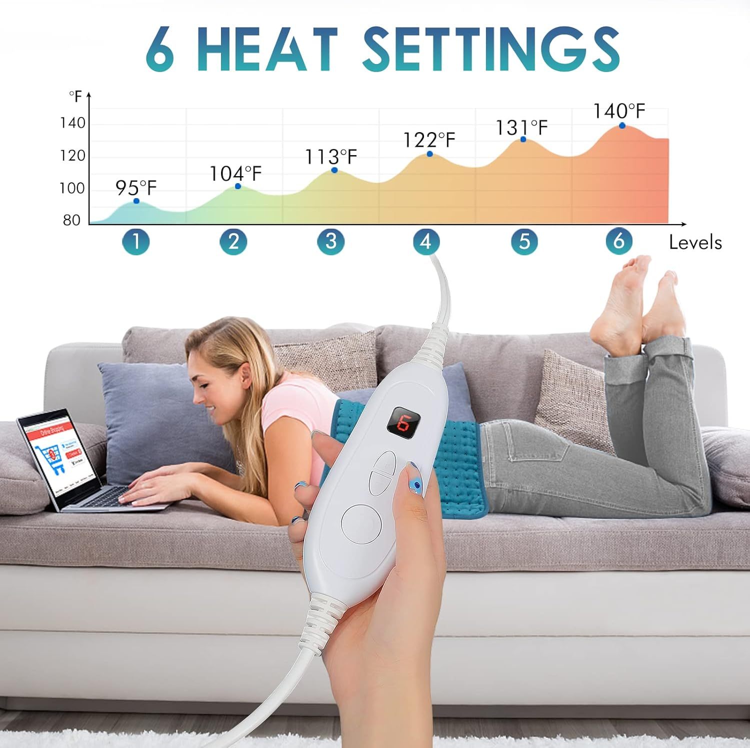 Heating Pad for Back Pain Relief, 12" x 24" Electric Heating Pads for Cramps, Back, Shoulder and Neck with 6 Heat Settings, Fast-Heating Technology, Auto Shut Off, UL Certification, Blue