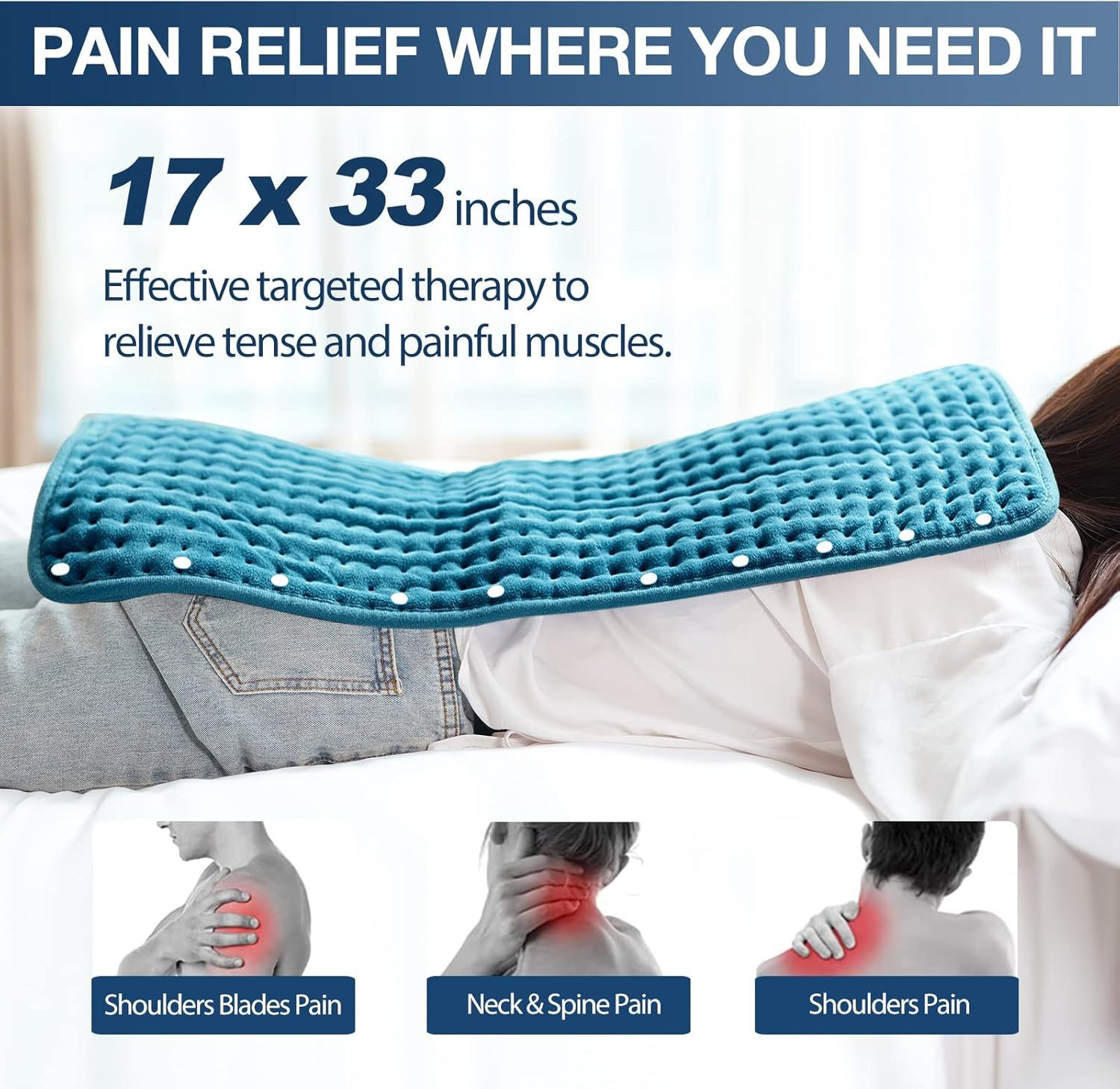 Heating Pad for Back Pain Relief, 12" x 24" Electric Heating Pads for Cramps, Back, Shoulder and Neck with 6 Heat Settings, Fast-Heating Technology, Auto Shut Off, UL Certification, Blue