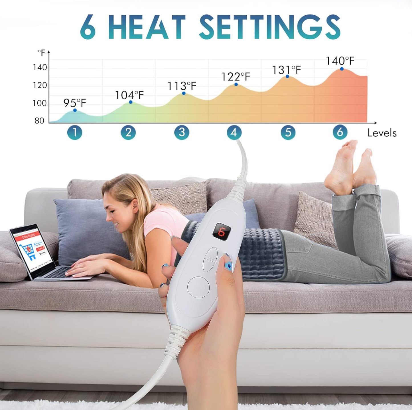 Heating Pad for Back Pain Relief, 12" x 24" Electric Heating Pads for Cramps, Back, Shoulder and Neck with 6 Heat Settings, Fast-Heating Technology, Auto Shut Off, UL Certification, Blue