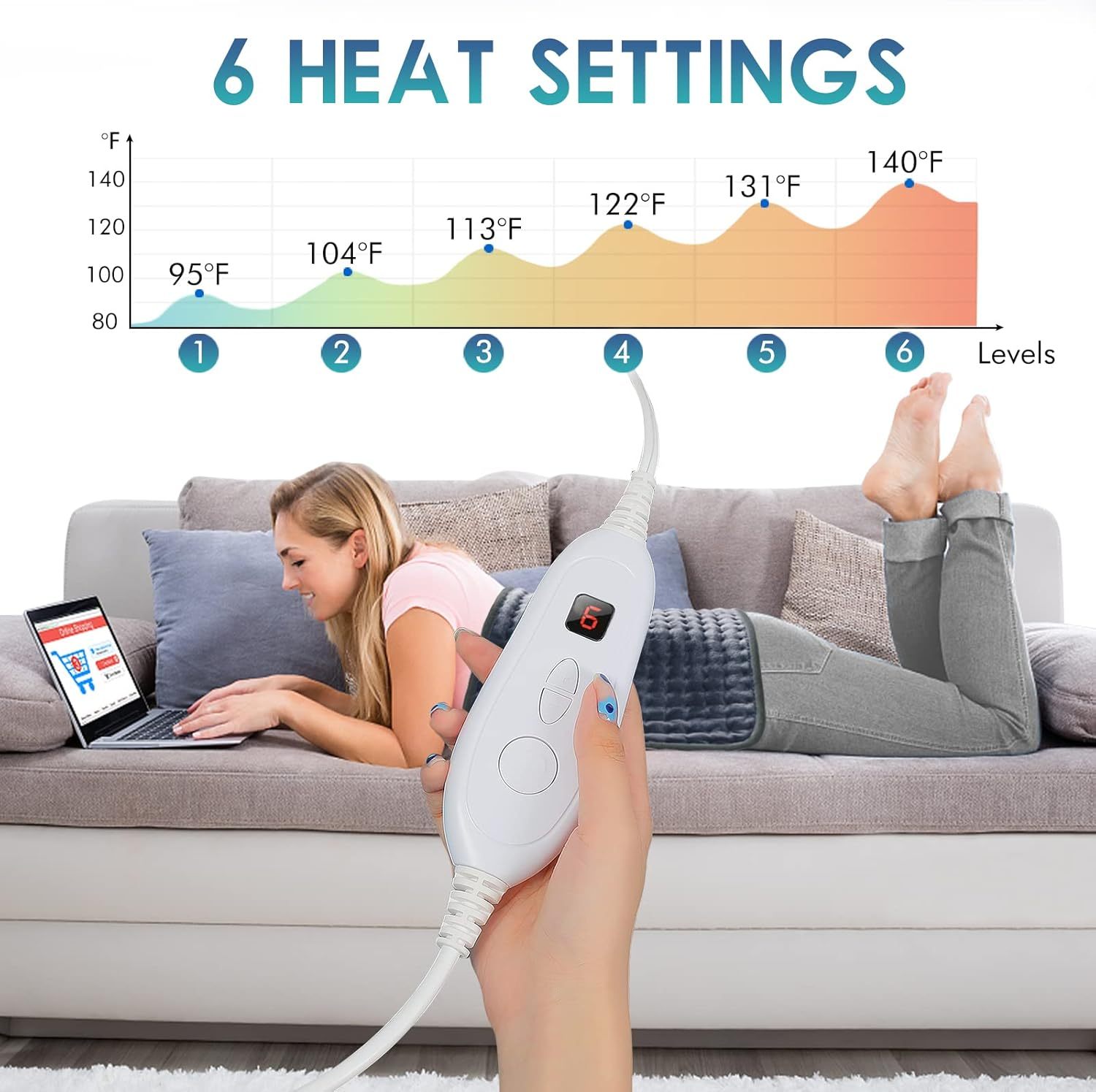 Heating Pad for Back Pain Relief, 12" x 24" Electric Heating Pads for Cramps, Back, Shoulder and Neck with 6 Heat Settings, Fast-Heating Technology, Auto Shut Off, UL Certification, Blue