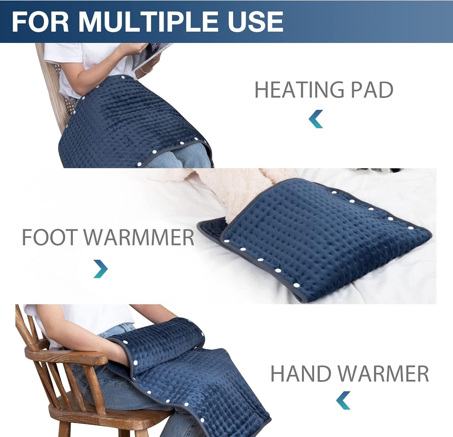 Heating Pad for Back Pain Relief, 12" x 24" Electric Heating Pads for Cramps, Back, Shoulder and Neck with 6 Heat Settings, Fast-Heating Technology, Auto Shut Off, UL Certification, Blue
