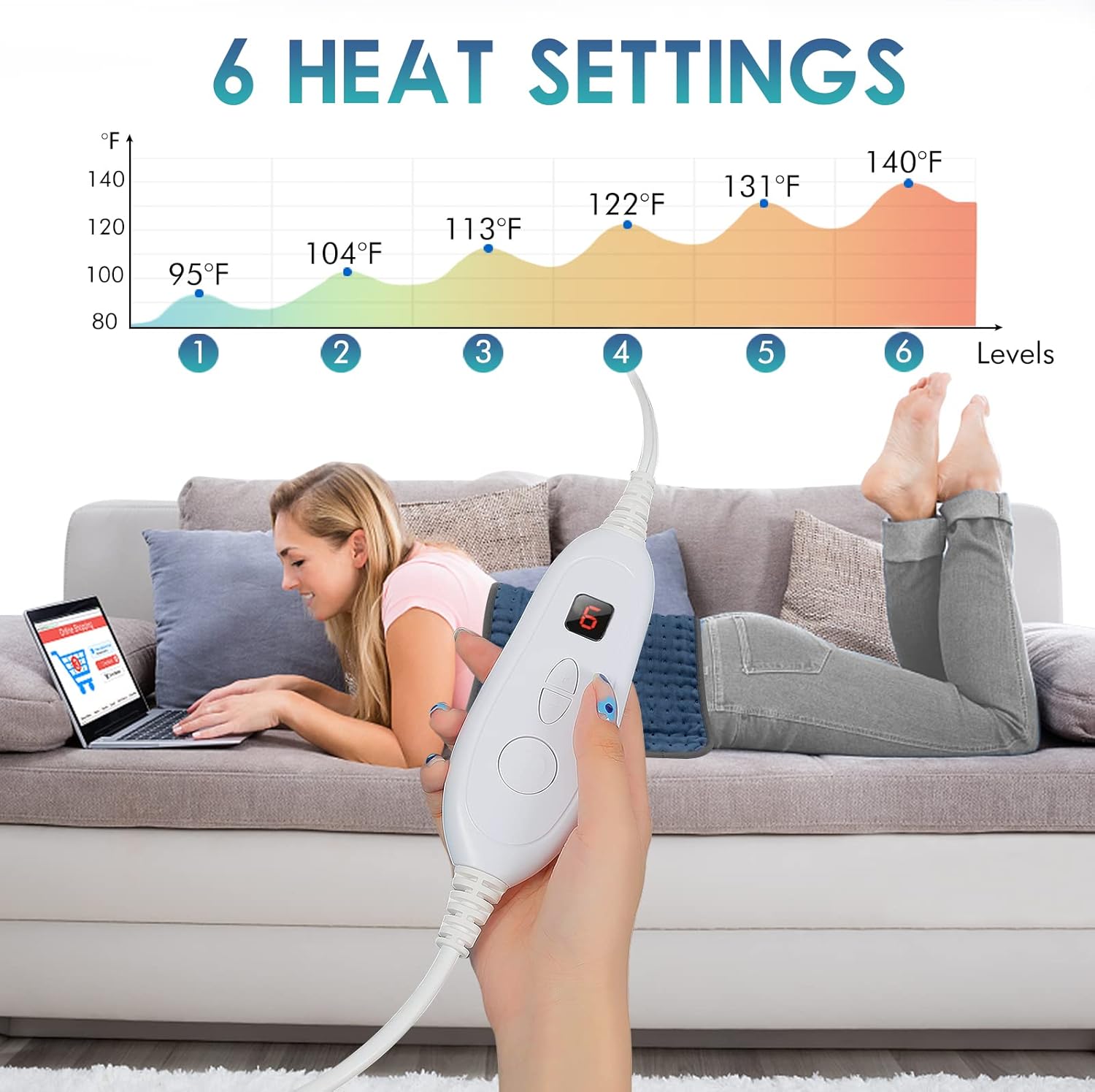 Heating Pad for Back Pain Relief, 12" x 24" Electric Heating Pads for Cramps, Back, Shoulder and Neck with 6 Heat Settings, Fast-Heating Technology, Auto Shut Off, UL Certification, Blue