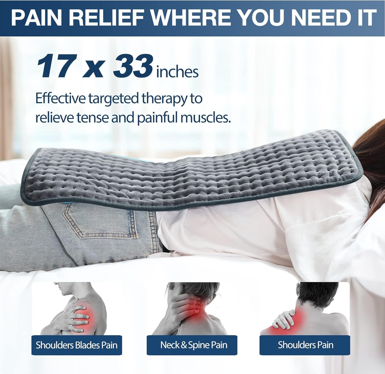 Heating Pad for Back Pain Relief, 12" x 24" Electric Heating Pads for Cramps, Back, Shoulder and Neck with 6 Heat Settings, Fast-Heating Technology, Auto Shut Off, UL Certification, Blue