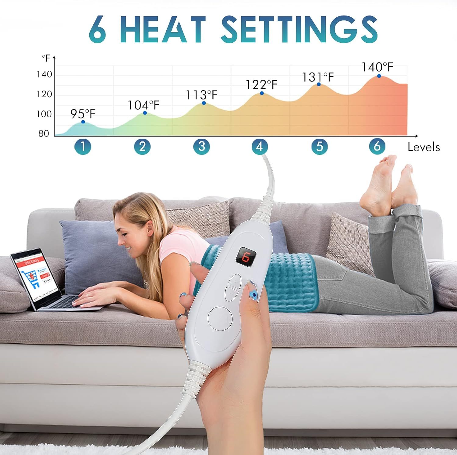 Heating Pad for Back Pain Relief, 12" x 24" Electric Heating Pads for Cramps, Back, Shoulder and Neck with 6 Heat Settings, Fast-Heating Technology, Auto Shut Off, UL Certification, Blue