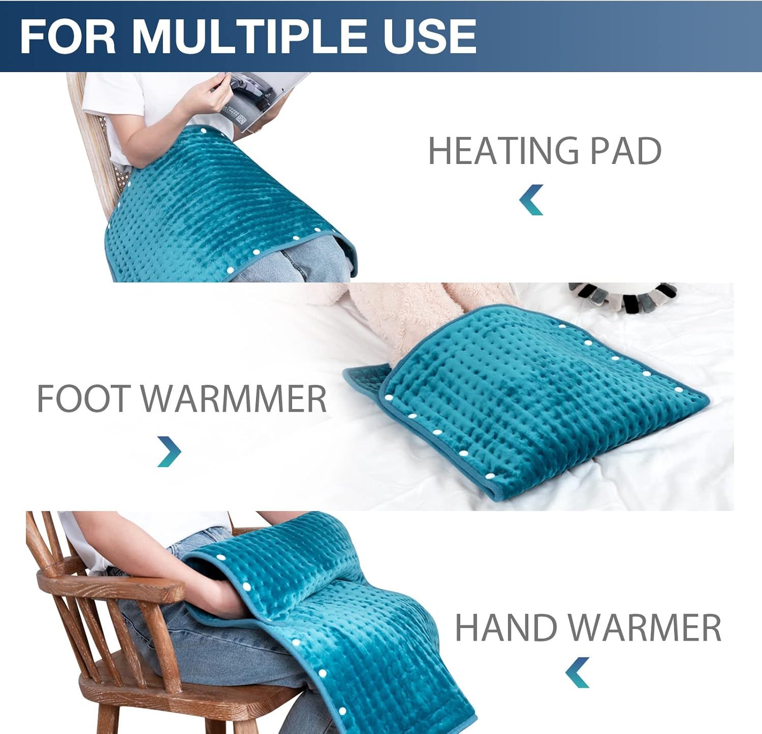 Heating Pad for Back Pain Relief, 12" x 24" Electric Heating Pads for Cramps, Back, Shoulder and Neck with 6 Heat Settings, Fast-Heating Technology, Auto Shut Off, UL Certification, Blue