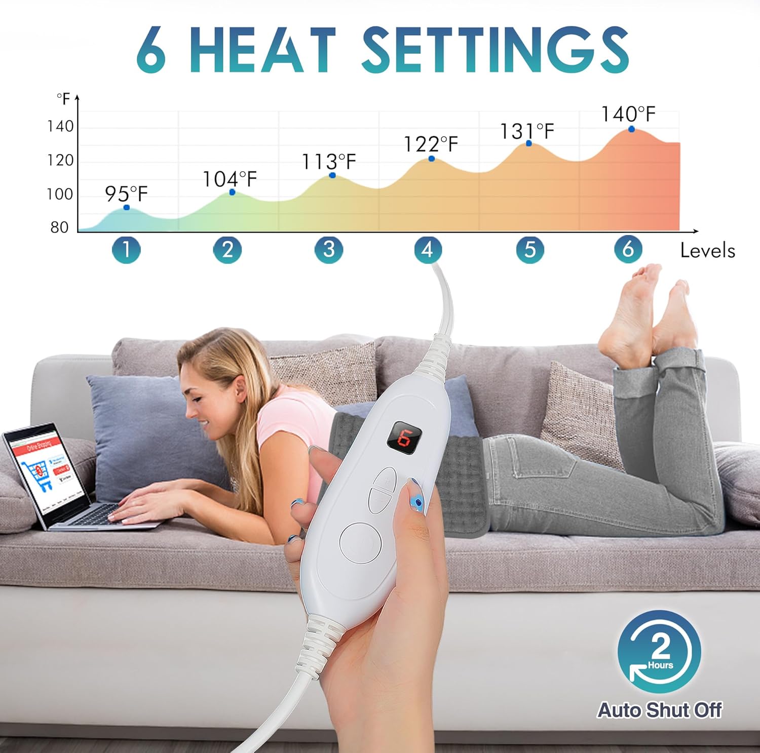 Heating Pad for Back Pain Relief, 12" x 24" Electric Heating Pads for Cramps, Back, Shoulder and Neck with 6 Heat Settings, Fast-Heating Technology, Auto Shut Off, UL Certification, Blue