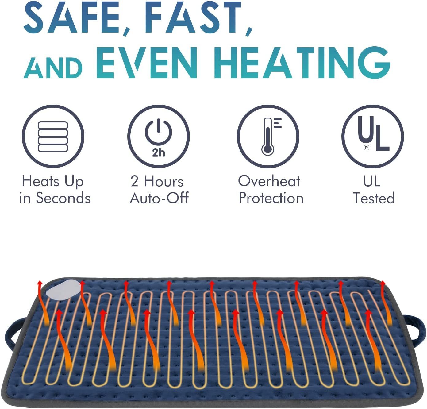 Heating Pad for Back Pain Relief, 12" x 24" Electric Heating Pads for Cramps, Back, Shoulder and Neck with 6 Heat Settings, Fast-Heating Technology, Auto Shut Off, UL Certification, Blue