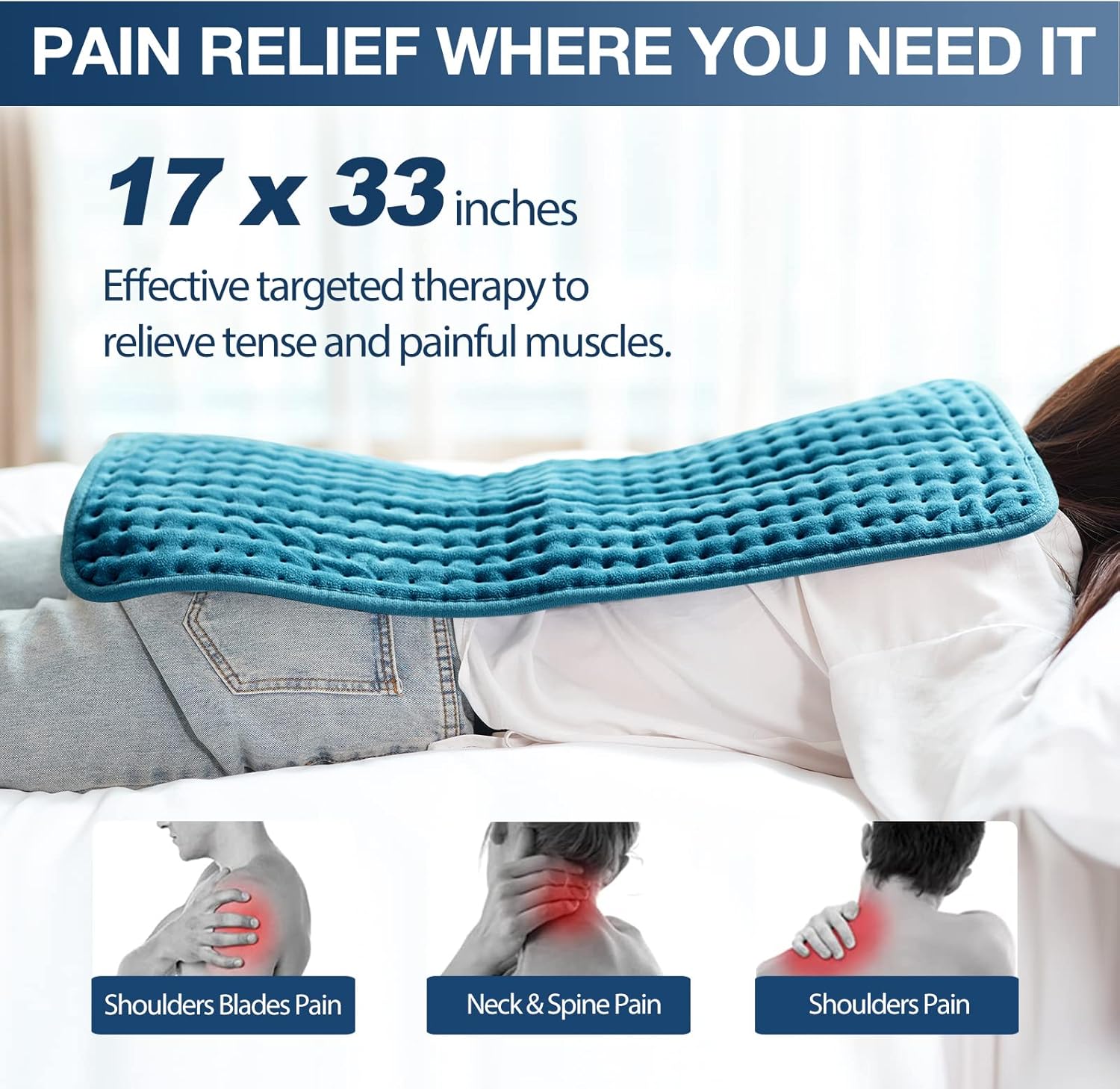 Heating Pad for Back Pain Relief, 12" x 24" Electric Heating Pads for Cramps, Back, Shoulder and Neck with 6 Heat Settings, Fast-Heating Technology, Auto Shut Off, UL Certification, Blue
