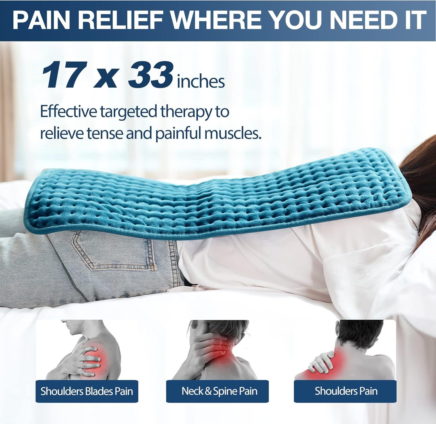 Heating Pad for Back Pain Relief, 12" x 24" Electric Heating Pads for Cramps, Back, Shoulder and Neck with 6 Heat Settings, Fast-Heating Technology, Auto Shut Off, UL Certification, Blue