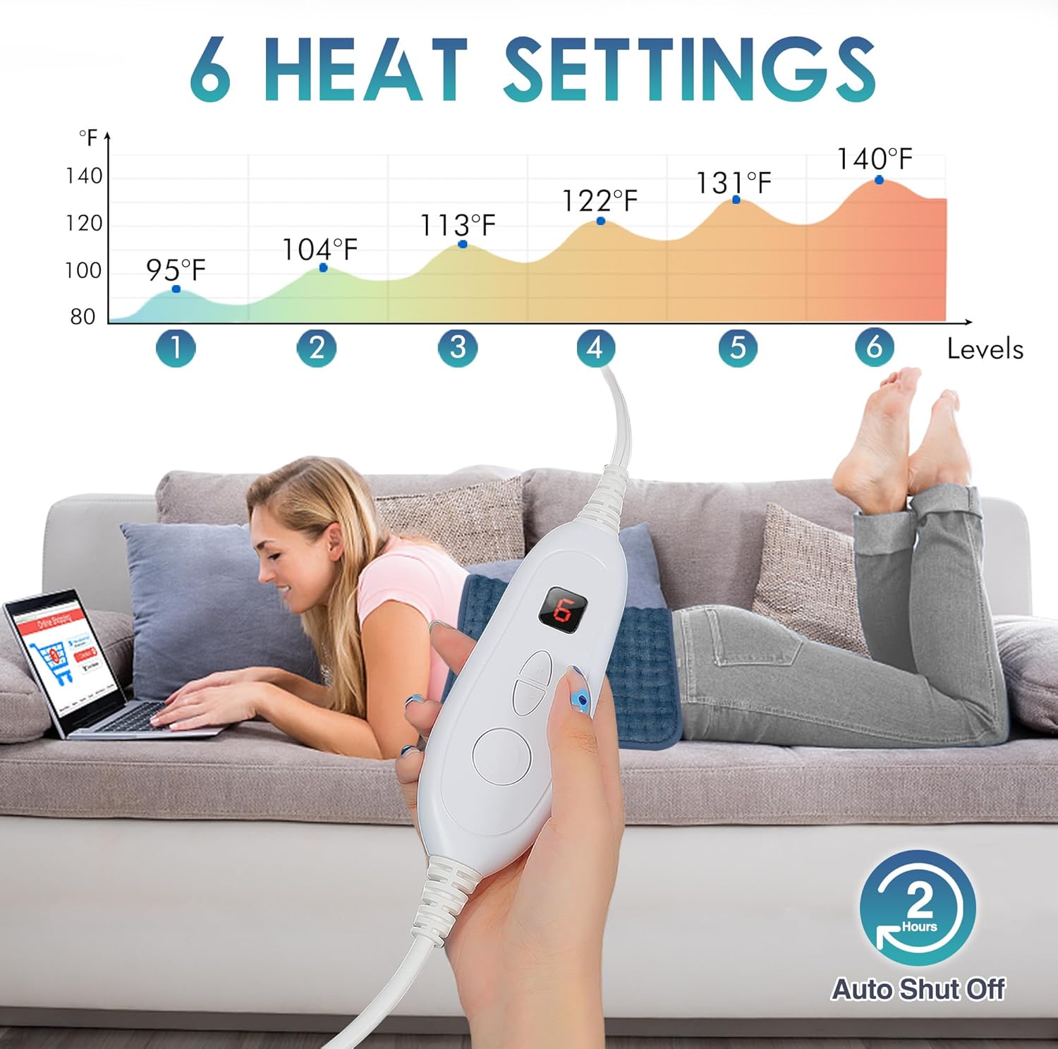 Heating Pad for Back Pain Relief, 12" x 24" Electric Heating Pads for Cramps, Back, Shoulder and Neck with 6 Heat Settings, Fast-Heating Technology, Auto Shut Off, UL Certification, Blue