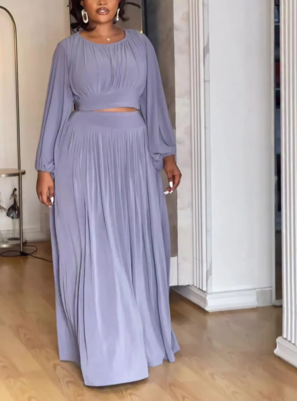 Women's Long Sleeve Knit Top & Flowy Flared Skirt Matching Set | Chic Two-Piece Outfit