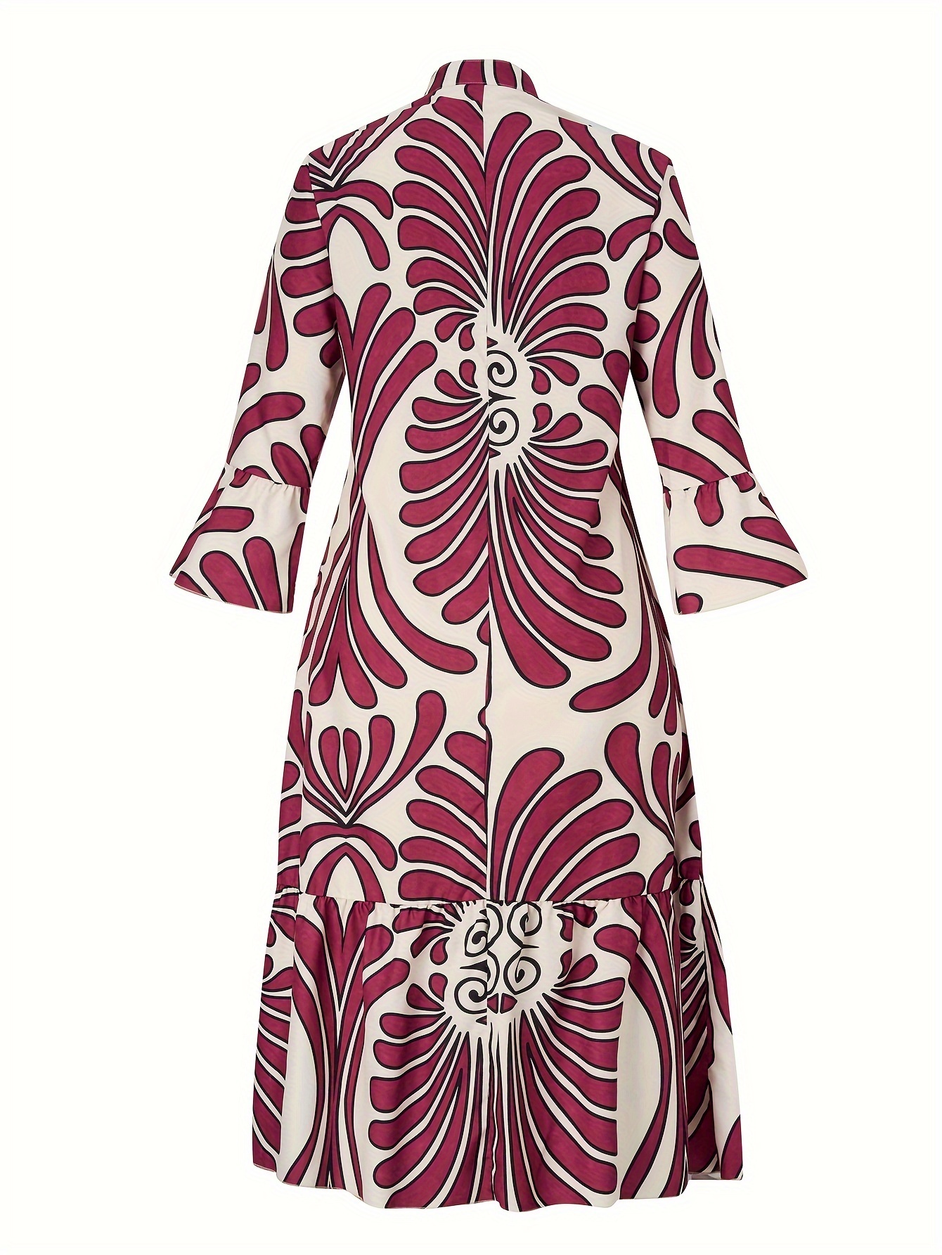 Plus Size Elegant Dress, Women's Plus Allover Print Bell Sleeve Button Up Mock Neck Maxi Smock Dress