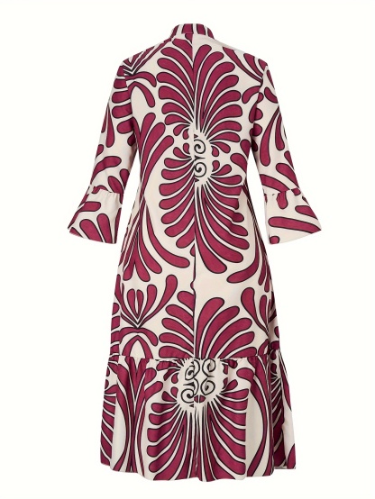 Plus Size Elegant Dress, Women's Plus Allover Print Bell Sleeve Button Up Mock Neck Maxi Smock Dress