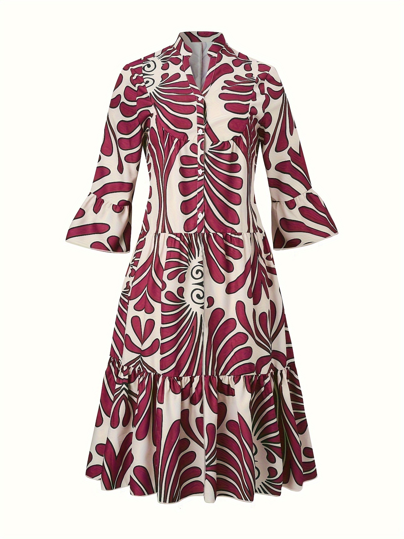 Plus Size Elegant Dress, Women's Plus Allover Print Bell Sleeve Button Up Mock Neck Maxi Smock Dress