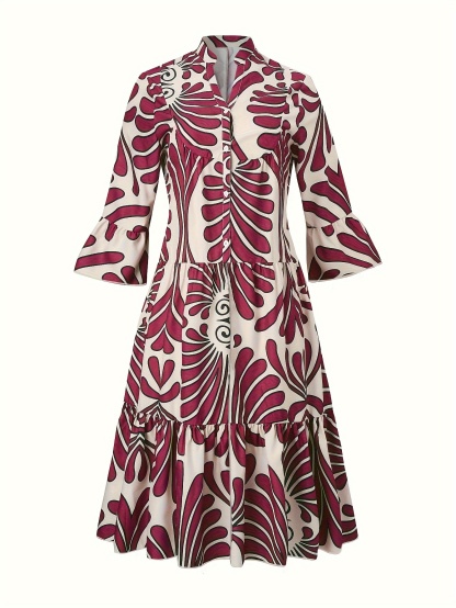 Plus Size Elegant Dress, Women's Plus Allover Print Bell Sleeve Button Up Mock Neck Maxi Smock Dress