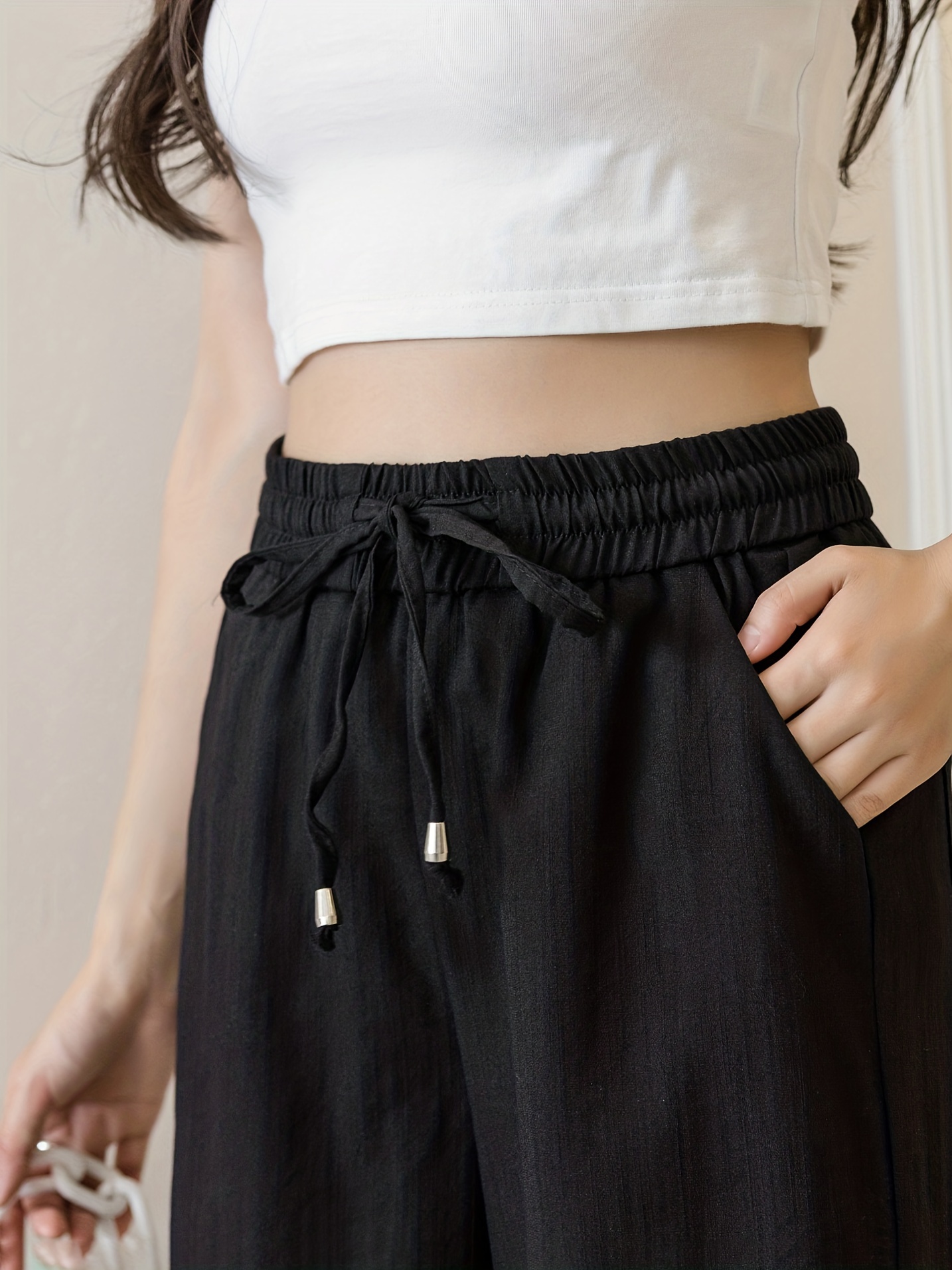 Minimalist Solid Drawstring Pants, Casual Long Length Elastic Waist Wide Leg Pants, Women's Clothing