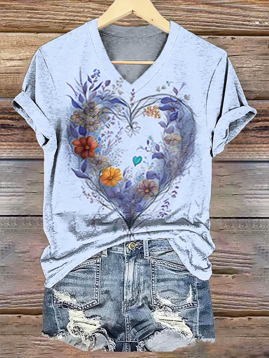 Women's Floral Heart Art V-Neck Casual T-Shirt