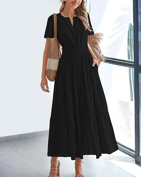 Women's V-Neck Maxi Dress | Casual Short Sleeve Dress
