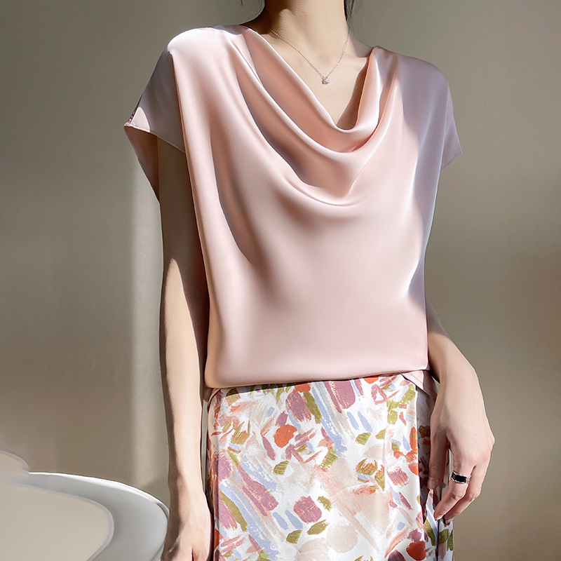 Silk Women's Crew Neck Tees Casual Solid Color Bottom T-Shirt Loose Female Tops