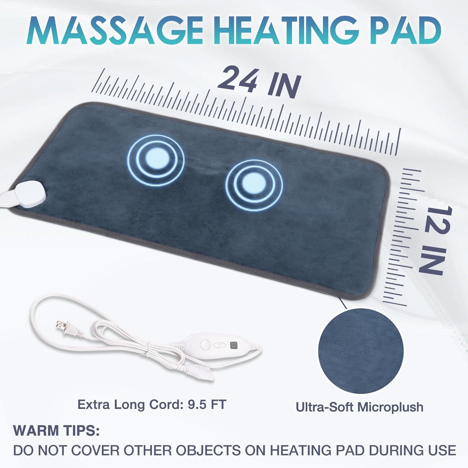 Heating Pad for Back Pain Relief, 12" x 24" Electric Heating Pads for Cramps, Back, Shoulder and Neck with 6 Heat Settings, Fast-Heating Technology, Auto Shut Off, UL Certification, Blue