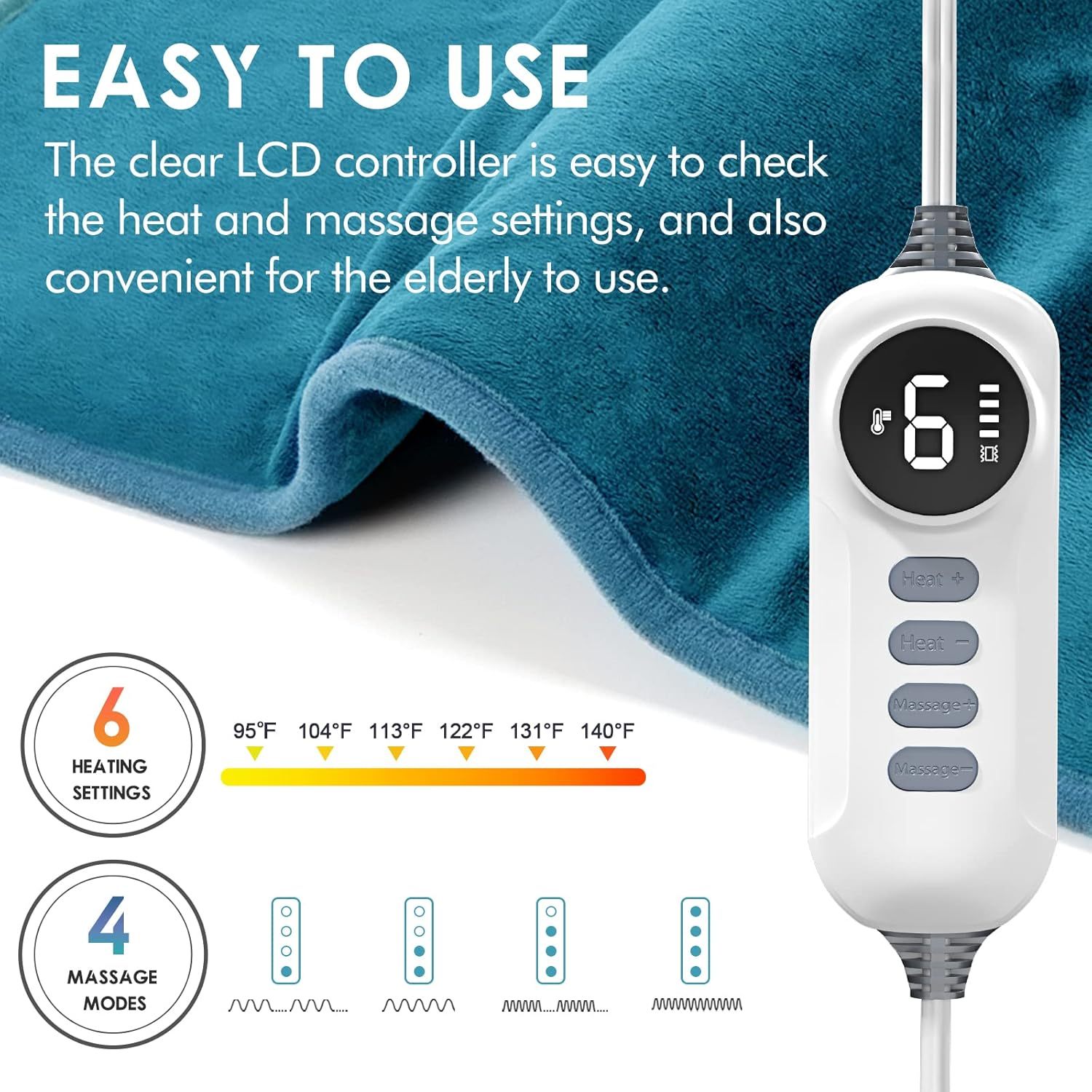 Heating Pad for Back Pain Relief, 12" x 24" Electric Heating Pads for Cramps, Back, Shoulder and Neck with 6 Heat Settings, Fast-Heating Technology, Auto Shut Off, UL Certification, Blue