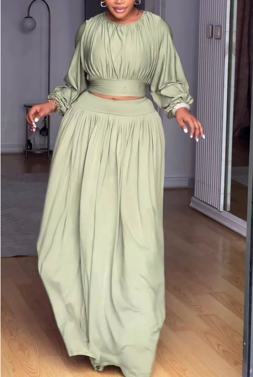 Women's Long Sleeve Knit Top & Flowy Flared Skirt Matching Set | Chic Two-Piece Outfit