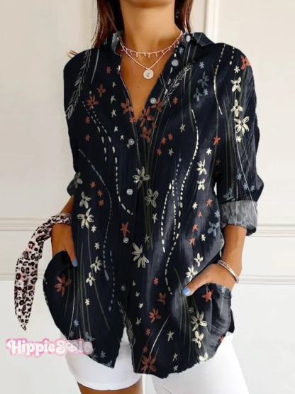 Women's Vintage Floral Bird Art Print Casual Cotton Shirt