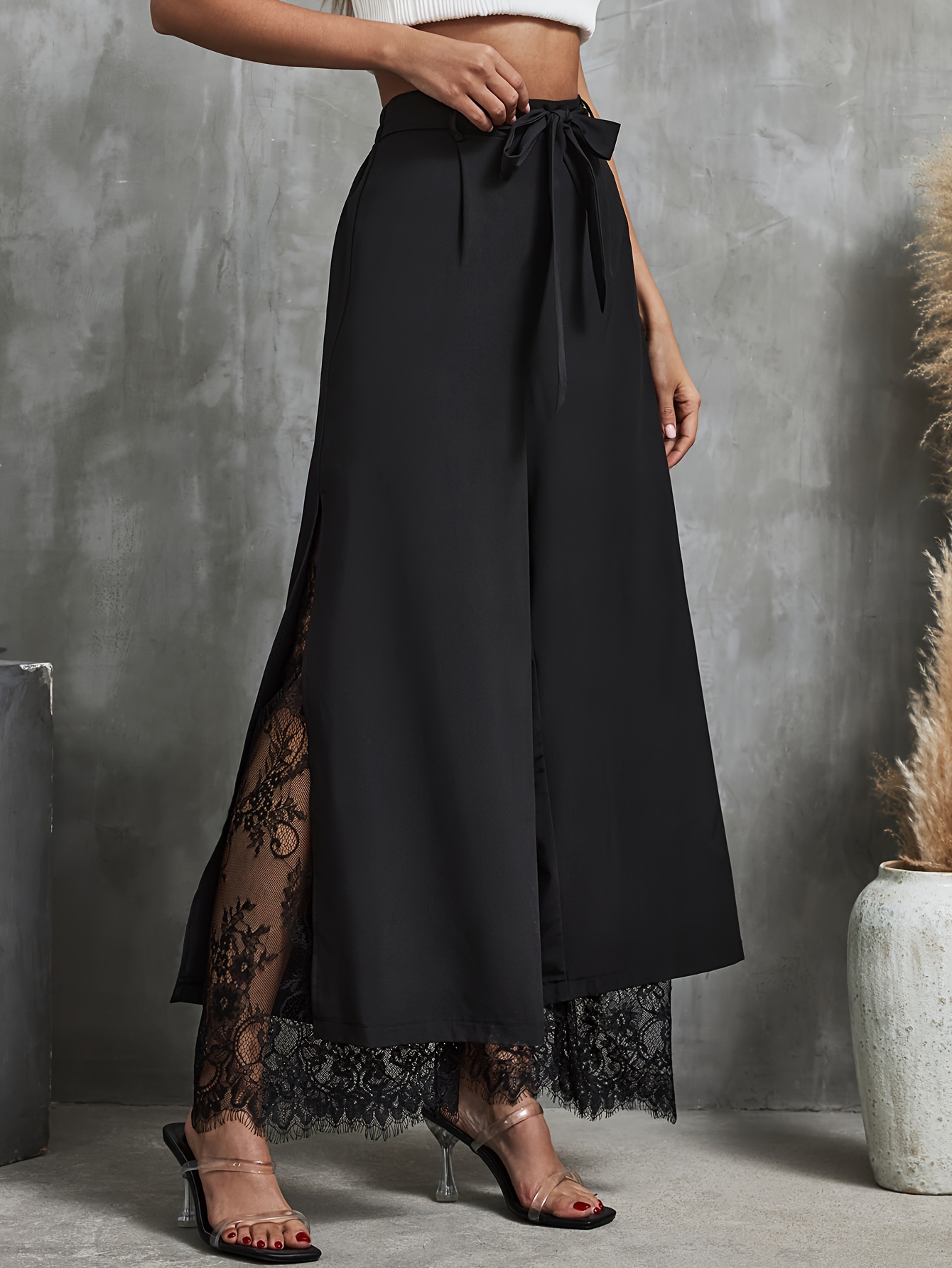 Elegant Wide-Leg Palazzo Pants for Women - Lace Trim, Elastic Waist, Easy Care, Perfect for Spring