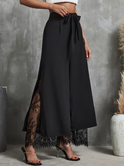 Elegant Wide-Leg Palazzo Pants for Women - Lace Trim, Elastic Waist, Easy Care, Perfect for Spring