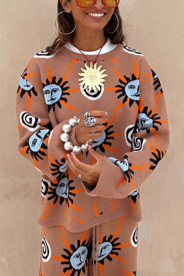 Mediterranean Art Knit Unique Sun Vortex Print Long Sleeve Relaxed Sweater