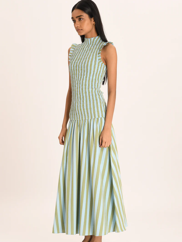 Striped long dress, Ruffled wide skirt dress