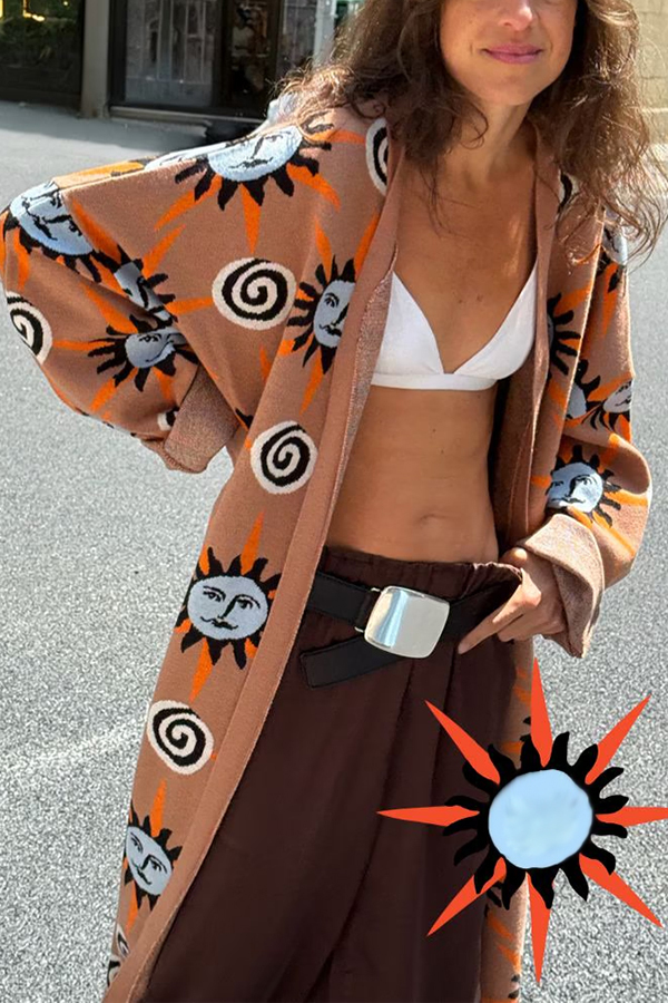 Mediterranean Art Knit Unique Sun Vortex Print Bell Sleeve Long Cardigan