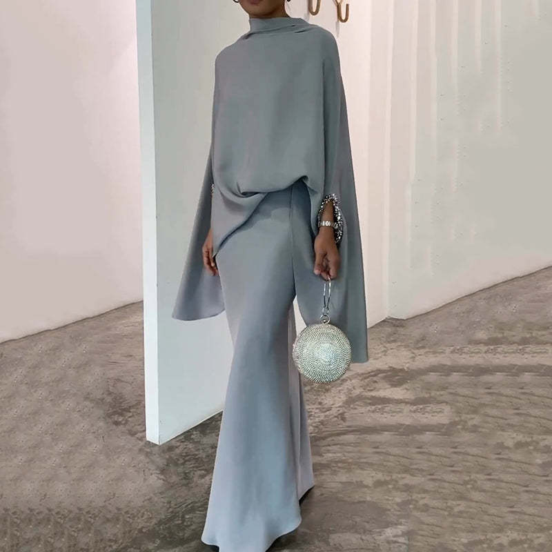 Fashionable solid color irregular top and skirt suit