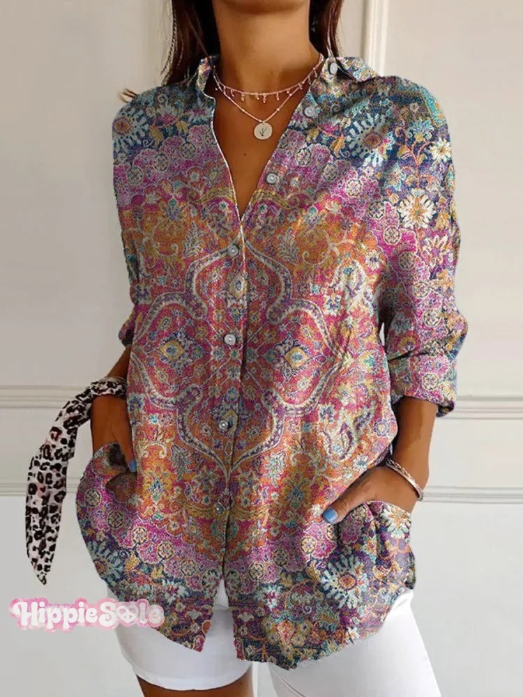 Women's Vintage Floral Bird Art Print Casual Cotton Shirt