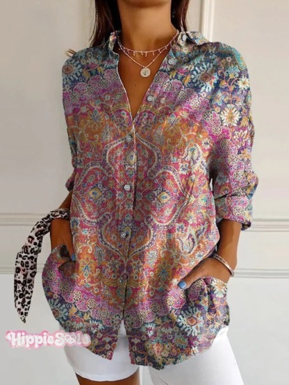 Women's Vintage Floral Bird Art Print Casual Cotton Shirt