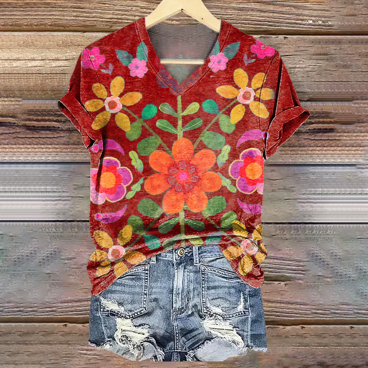 Women's Bohemian Floral Art Print V-neck Casual T-Shirt