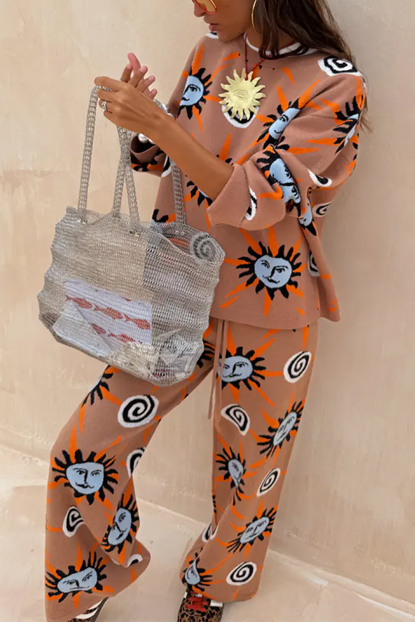 Mediterranean Art Knit Unique Sun Vortex Print Elastic Waist Wide Leg Pants