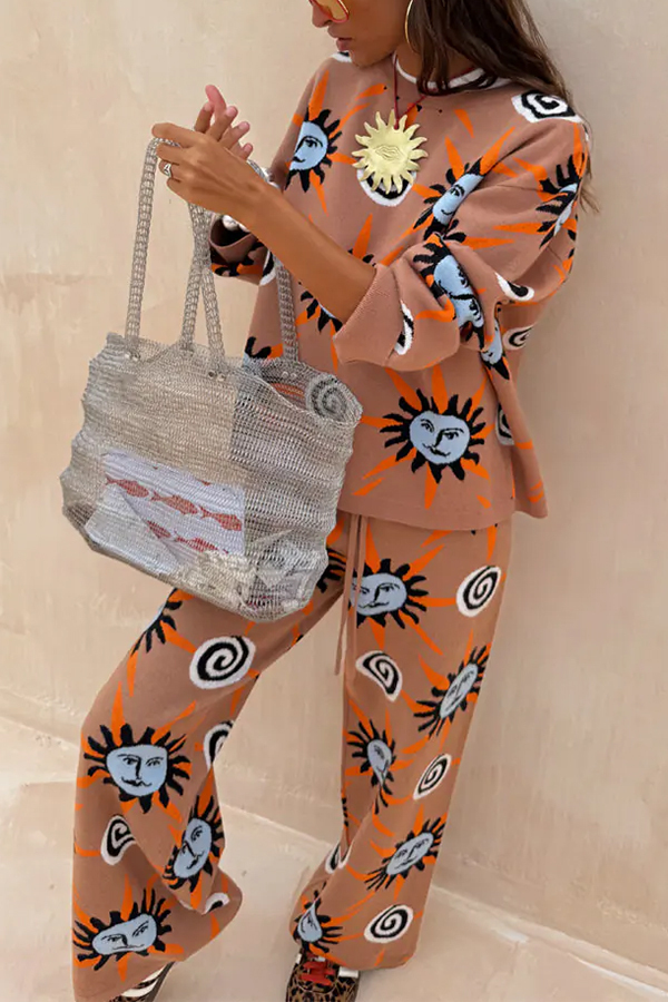Mediterranean Art Knit Unique Sun Vortex Print Elastic Waist Wide Leg Pants