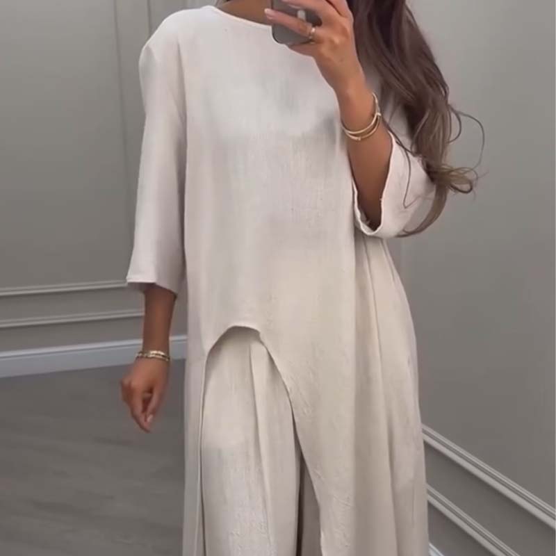 💕Women's Solid Color 2-Piece Set | Irregular Hem Top & Wide Leg Pants