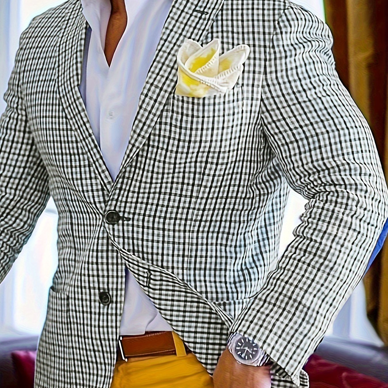 Mens Classic Plaid Linen Single Breasted Blazer Jacket - Lapel Collar, Button Front, Slim Fit