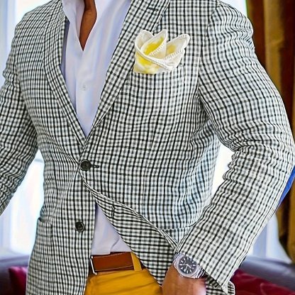 Mens Classic Plaid Linen Single Breasted Blazer Jacket - Lapel Collar, Button Front, Slim Fit