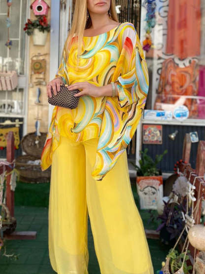 Ruocoo -New Colorful Chiffon Set Casual Round Neck Print