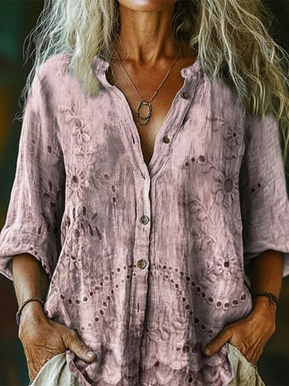 Women's Vintage Floral Texture Patterns Print V-neck Casual T-Shirt