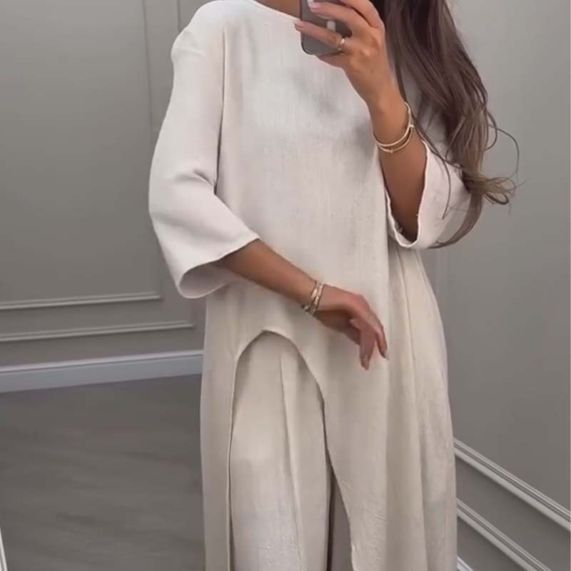 💕Women's Solid Color 2-Piece Set | Irregular Hem Top & Wide Leg Pants