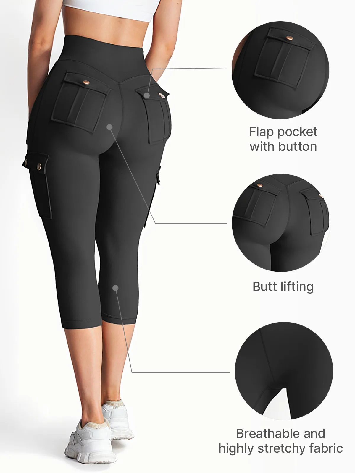 High Waist Tummy Control Workout Cargo Capris with Pockets