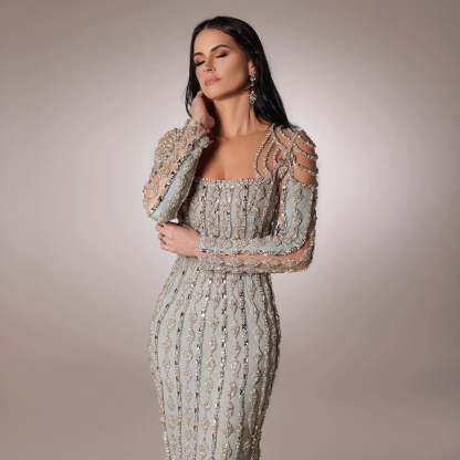 Luxury Sage Green Dubai Evening Dresses Mermaid Muslim Long Sleeves 