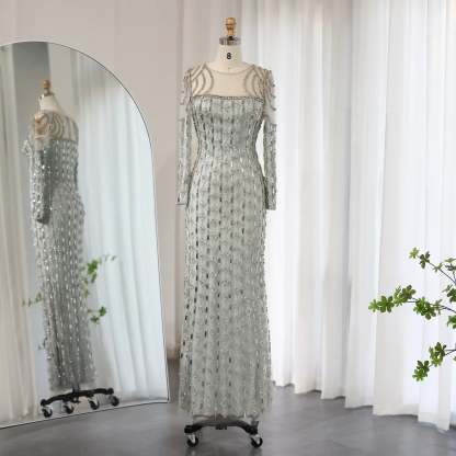 Luxury Sage Green Dubai Evening Dresses Mermaid Muslim Long Sleeves 