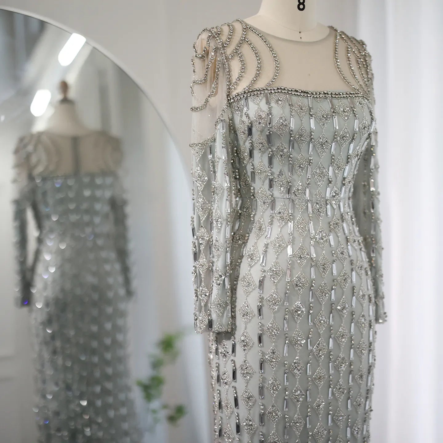 Luxury Sage Green Dubai Evening Dresses Mermaid Muslim Long Sleeves 