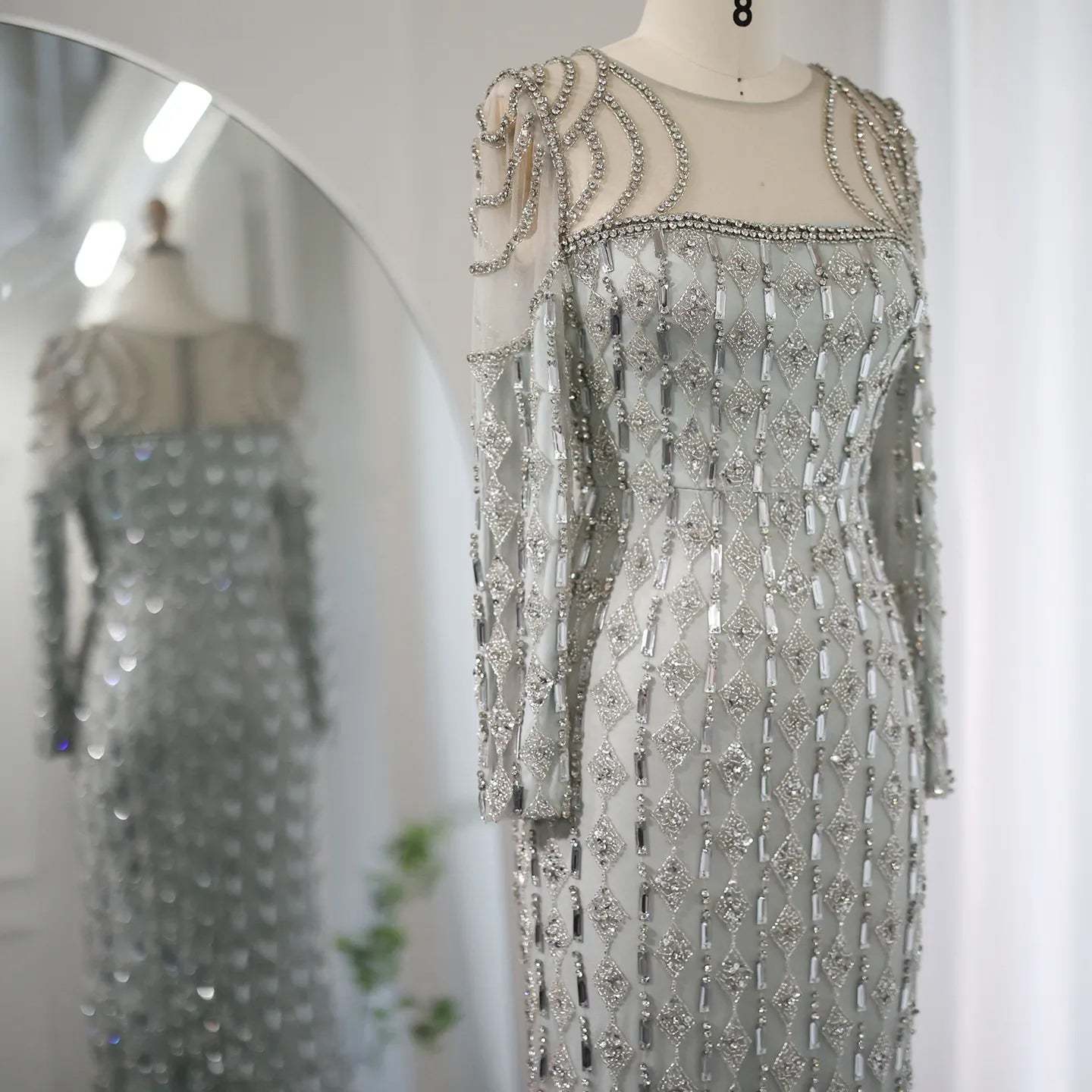 Luxury Sage Green Dubai Evening Dresses Mermaid Muslim Long Sleeves 